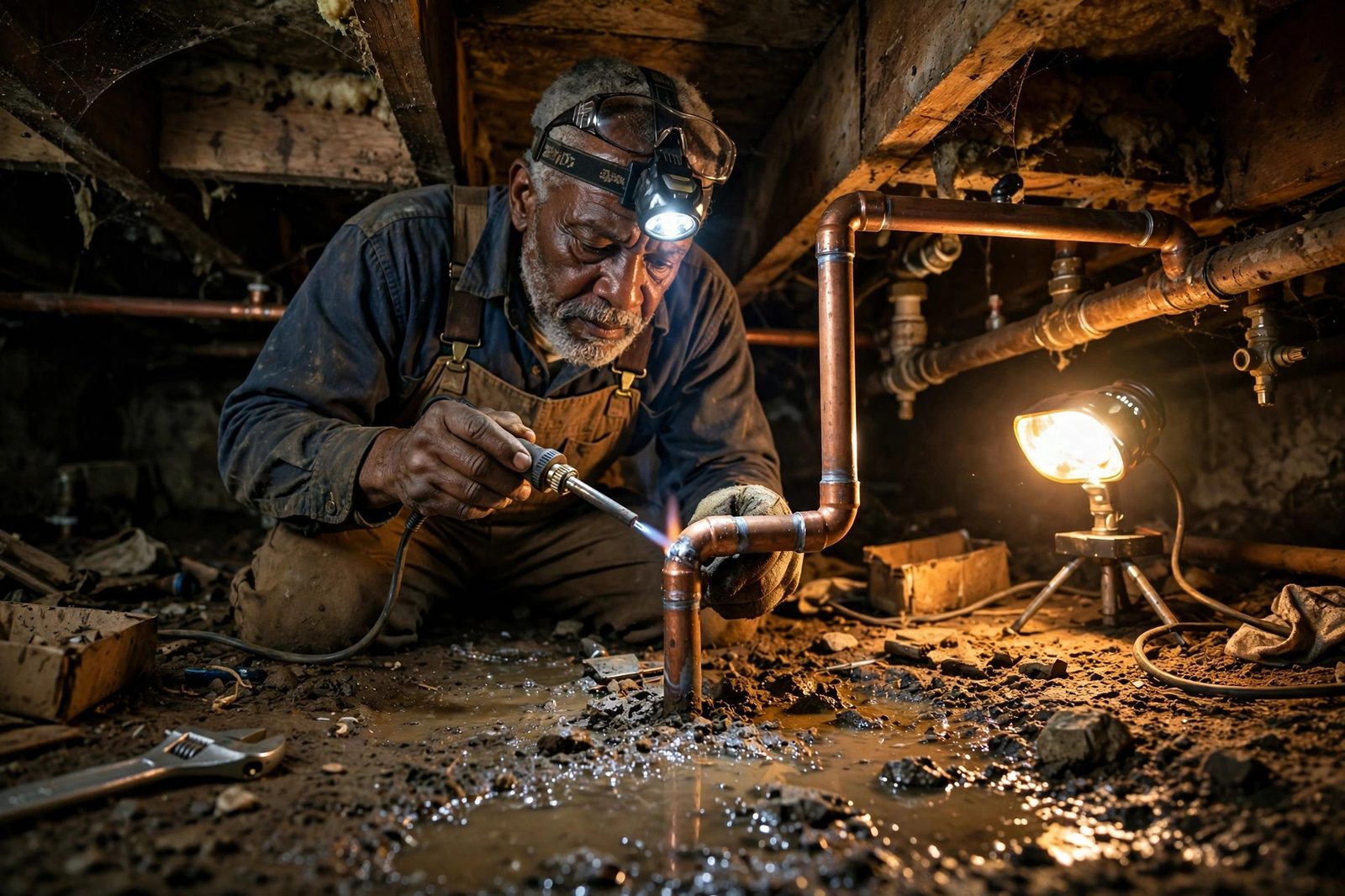 Plumber soldering a copper pipe joint in a house crawlspace with a headlamp