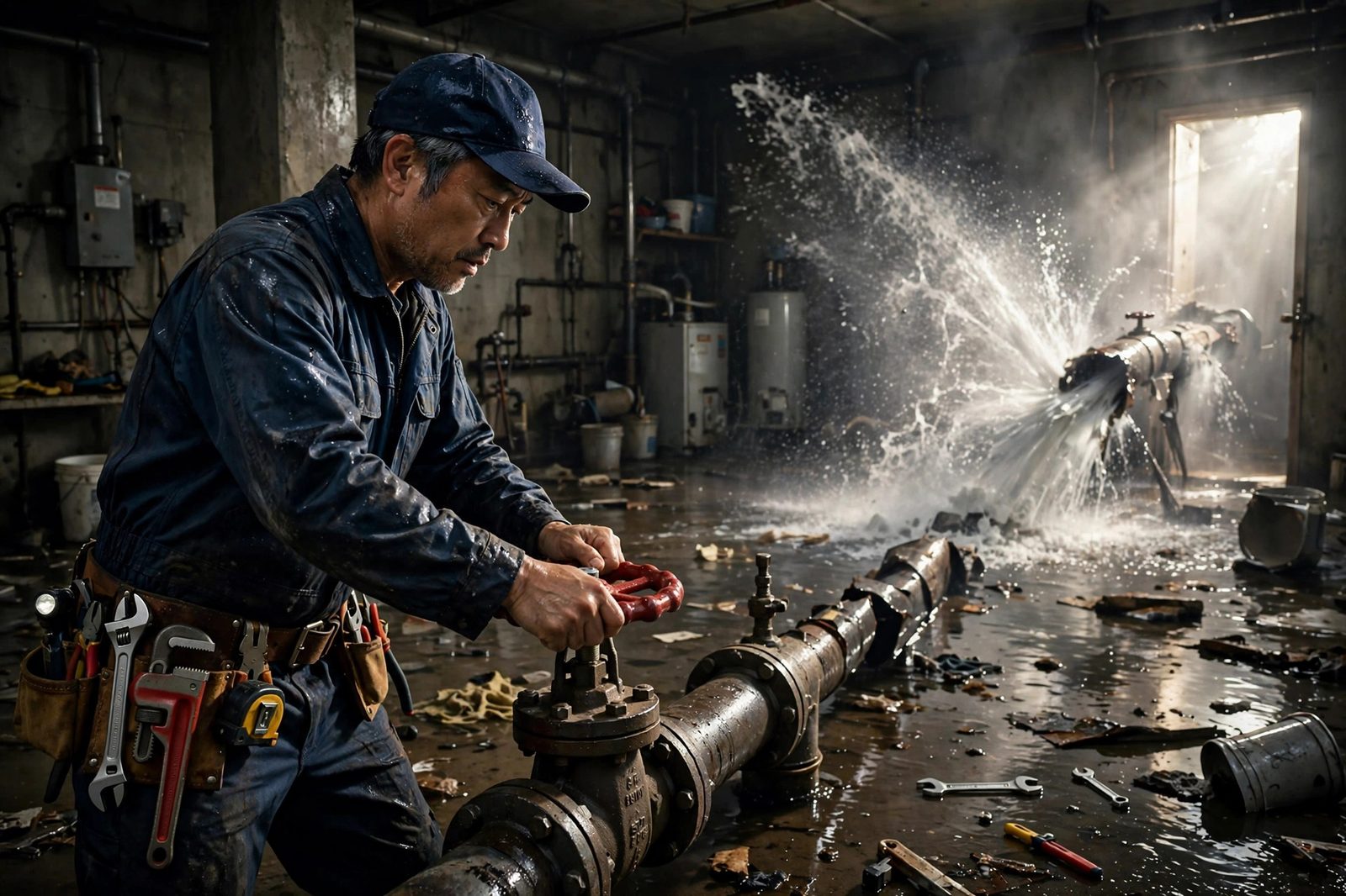 Plumber shutting off a main water valve in a flooded utility room with a burst pipe spraying