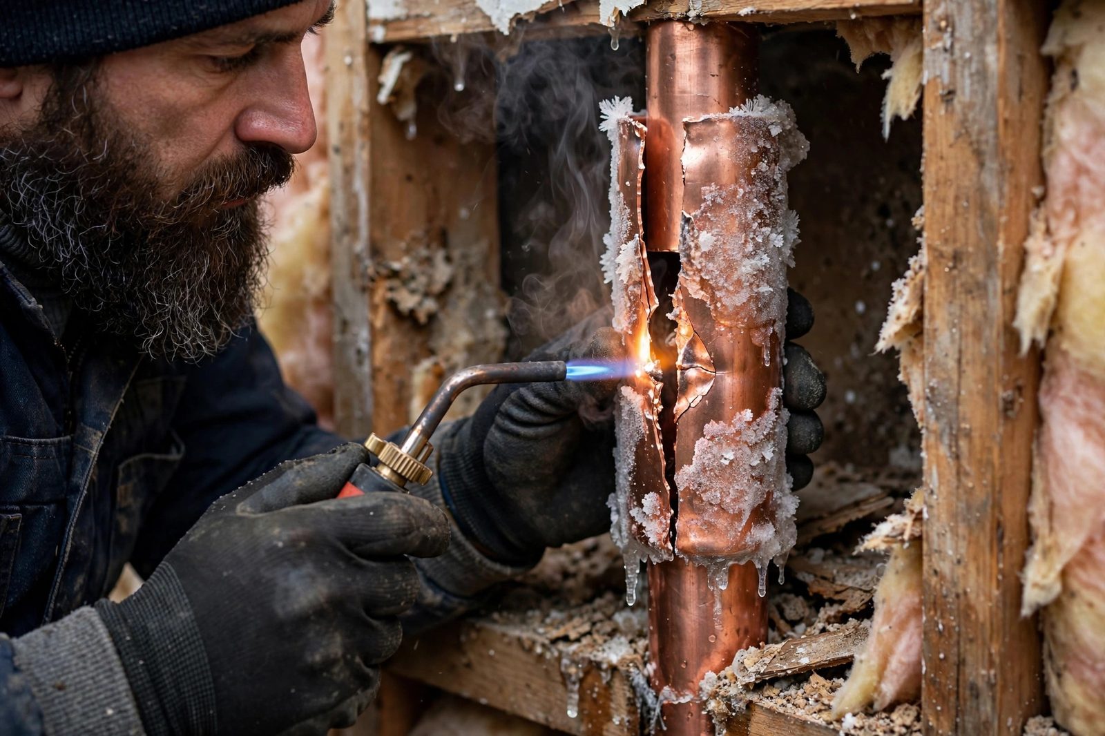 Bearded plumber replacing a split frozen copper pipe inside a bathroom wall cavity