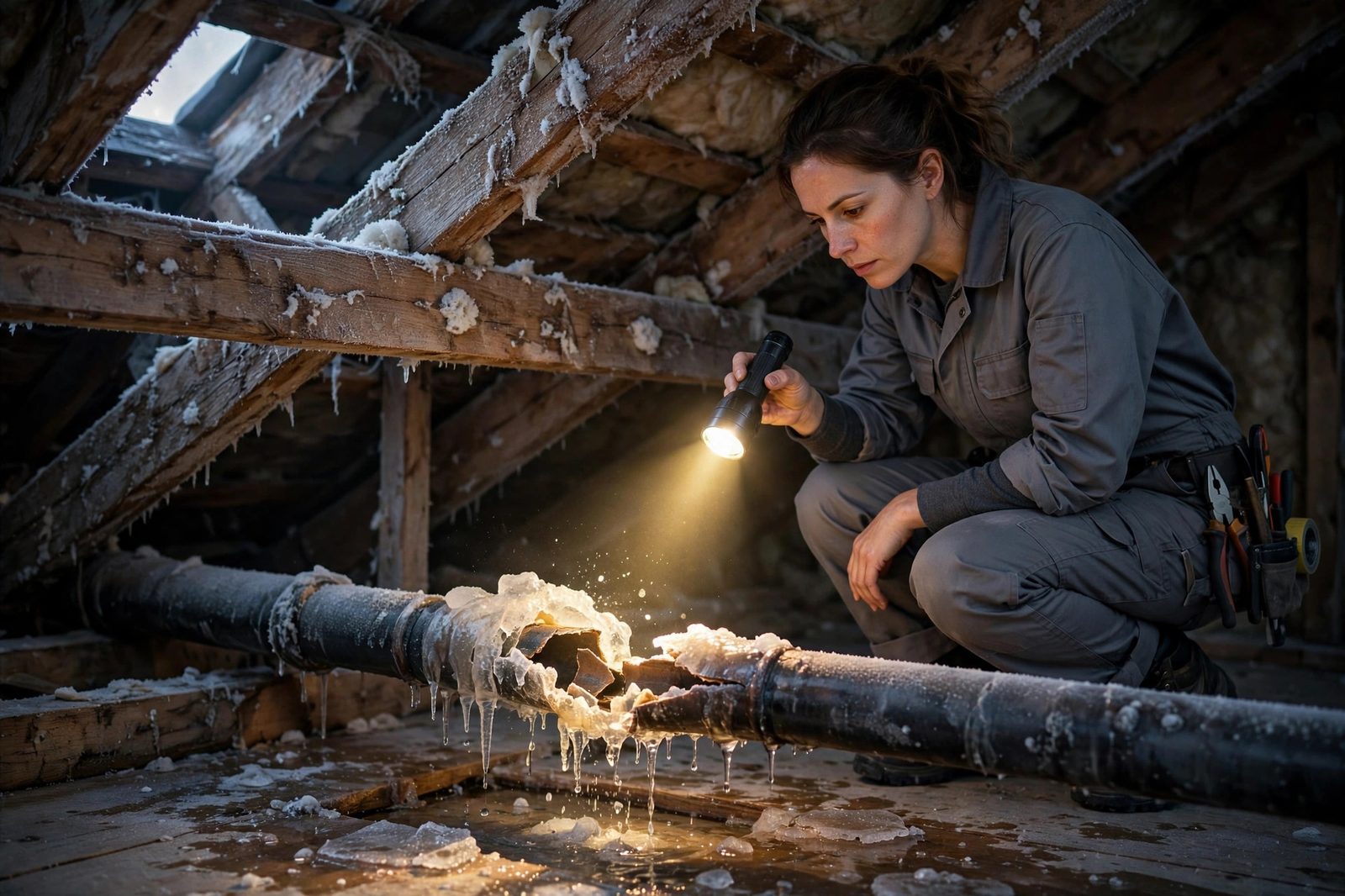 Contractor inspecting a burst frozen pipe in an attic at dawn with a flashlight