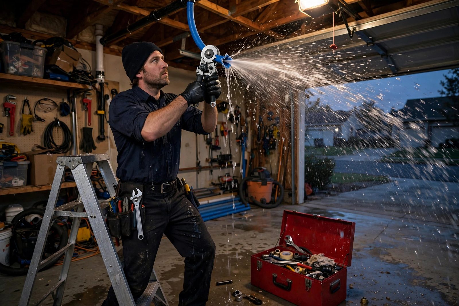 Plumber cutting a burst PEX water line in a garage ceiling with water spraying