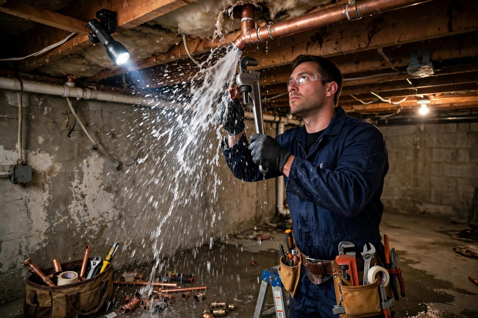 Plumber repairing a burst pipe
