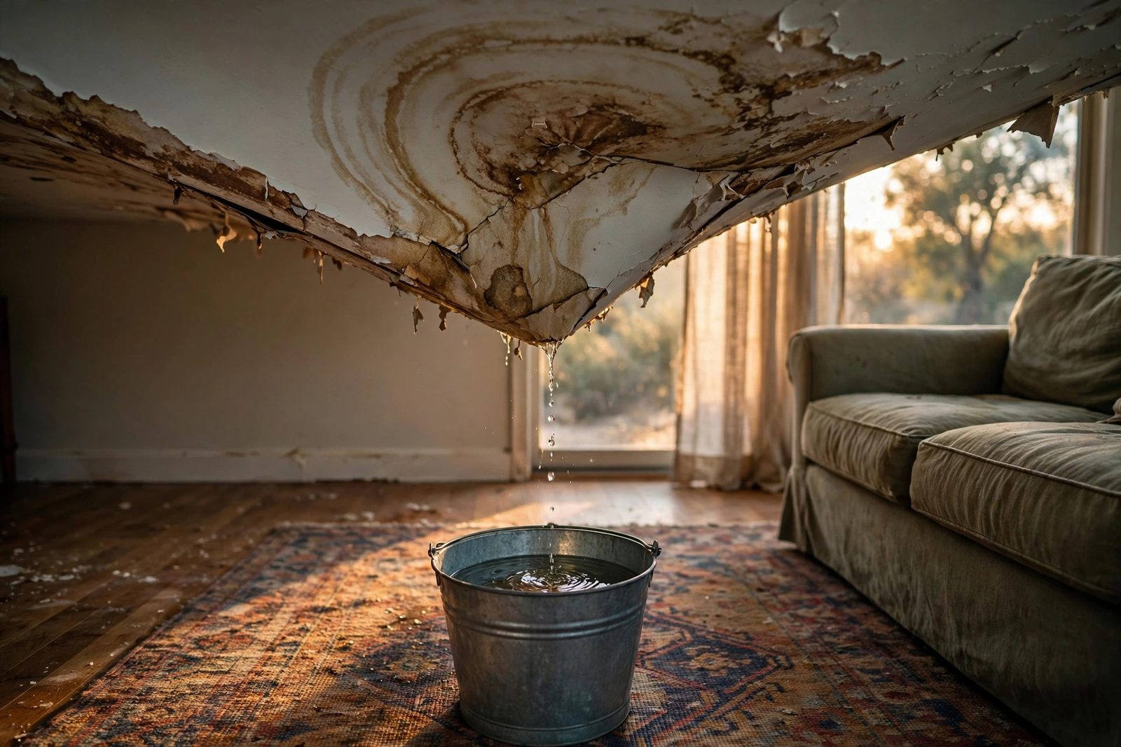 Water-stained sagging drywall ceiling with an active drip falling into a bucket on a living room floor