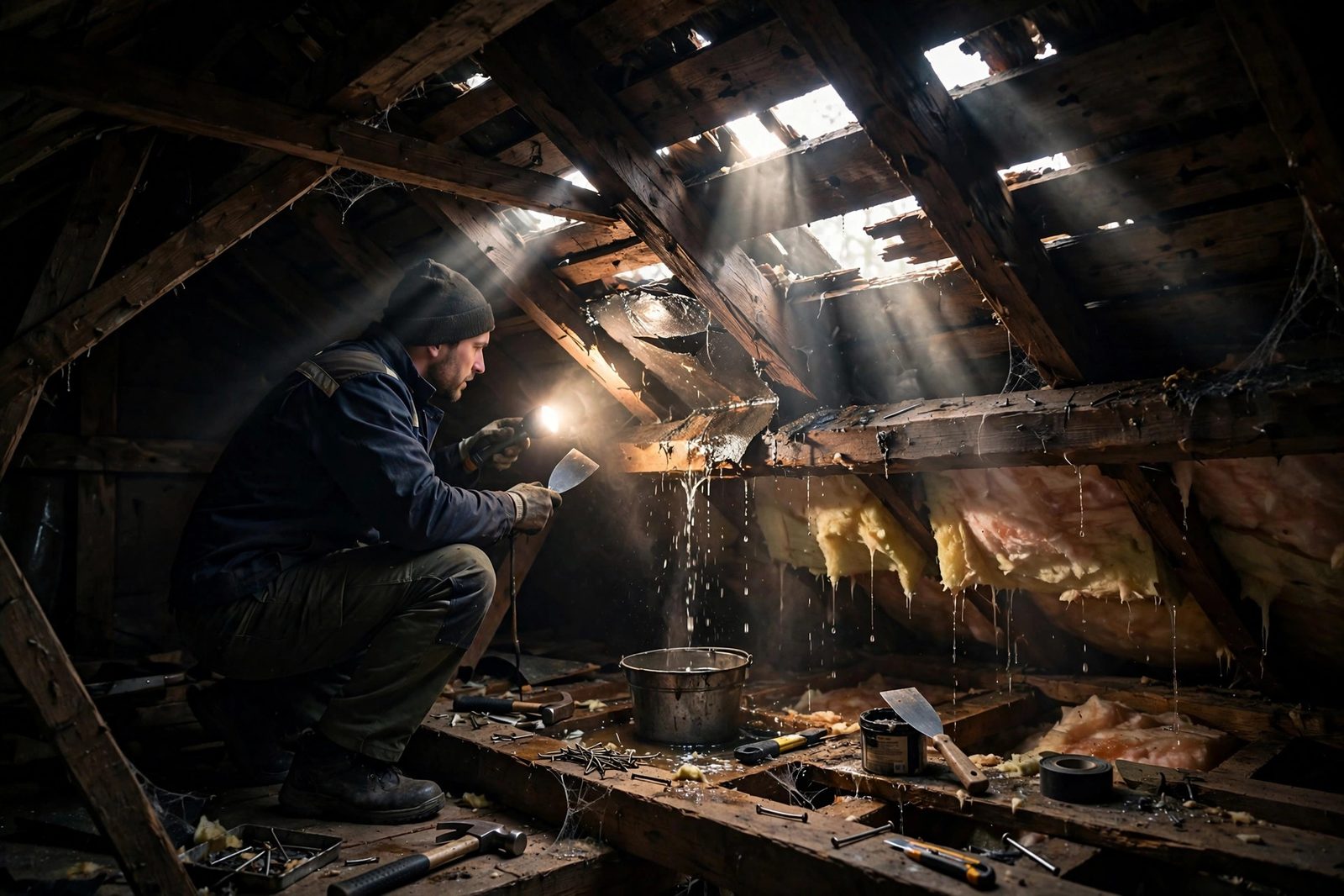 Roofer with a flashlight repairing a leaking roof from inside a dark attic with water dripping through rafters