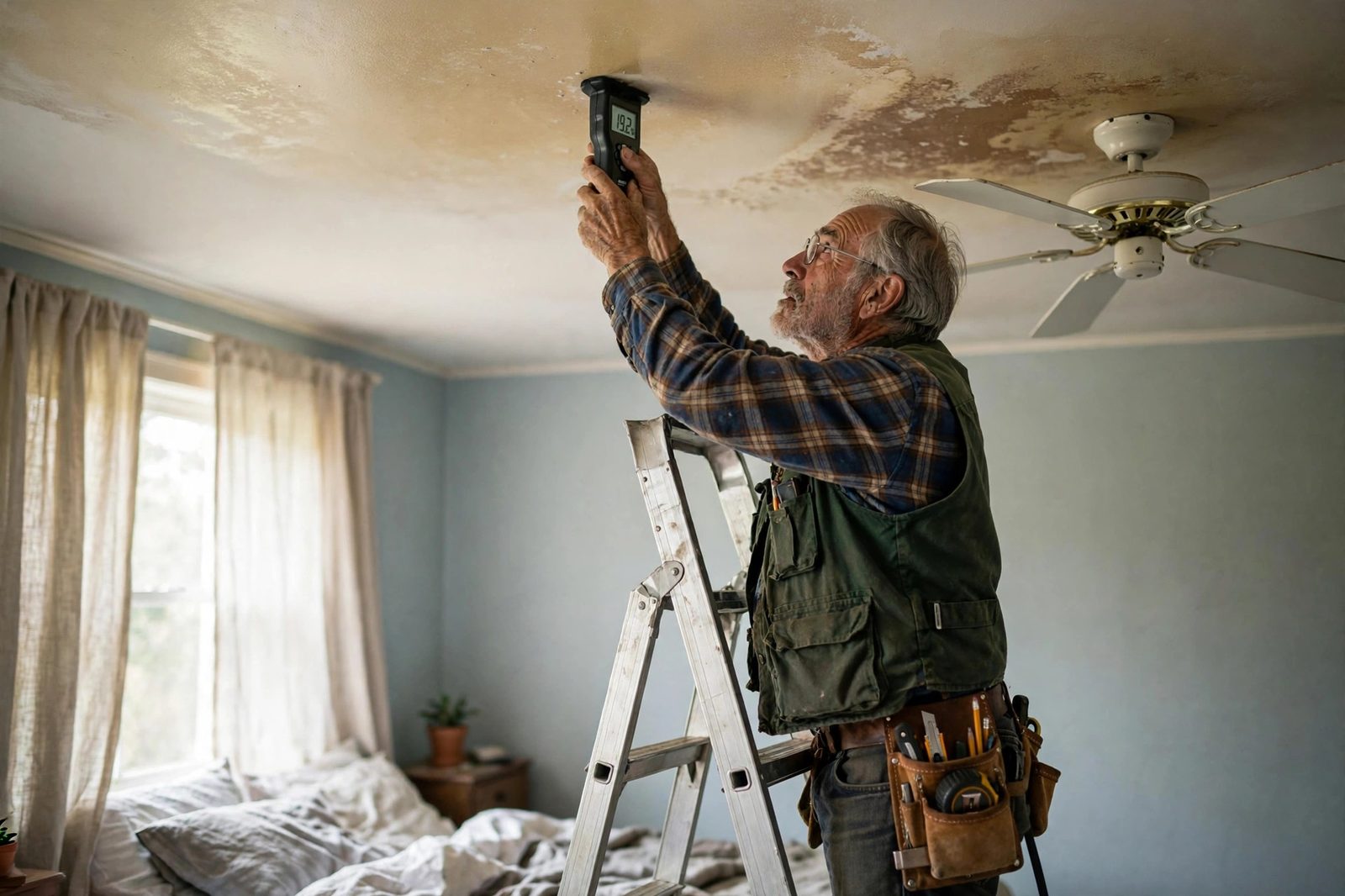 Older man on a ladder pressing a moisture meter against a stained bedroom ceiling near a ceiling fan