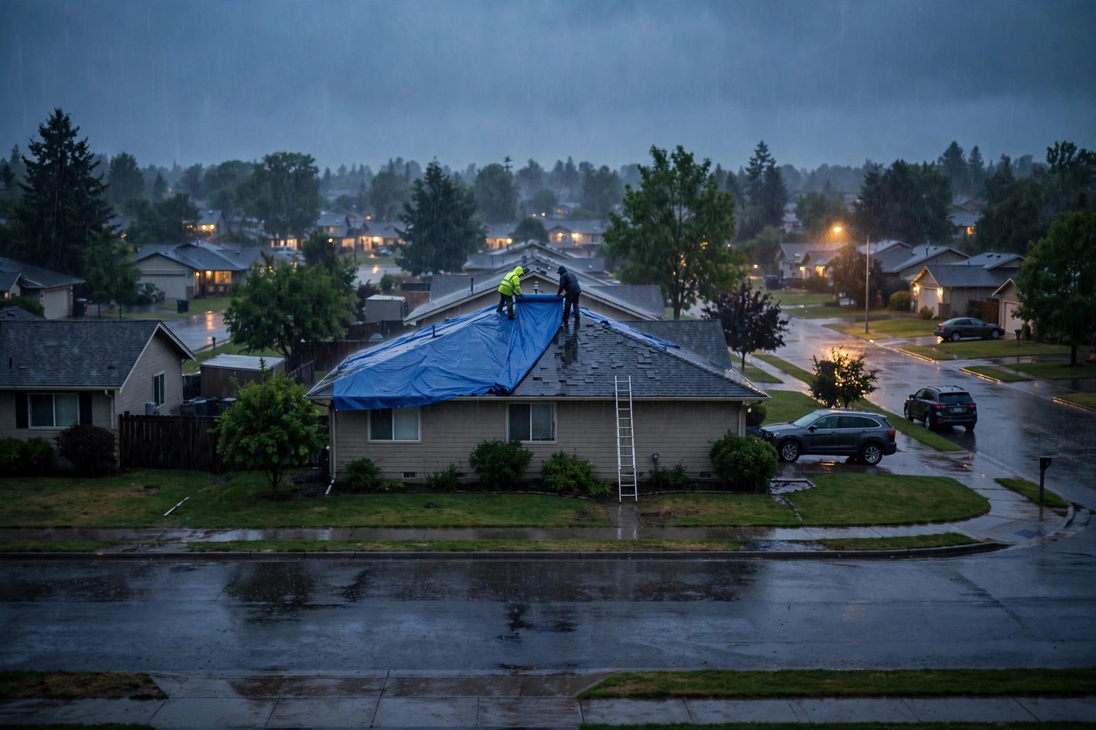 Two workers rolling back a blue tarp over a roof during a rainstorm at dusk