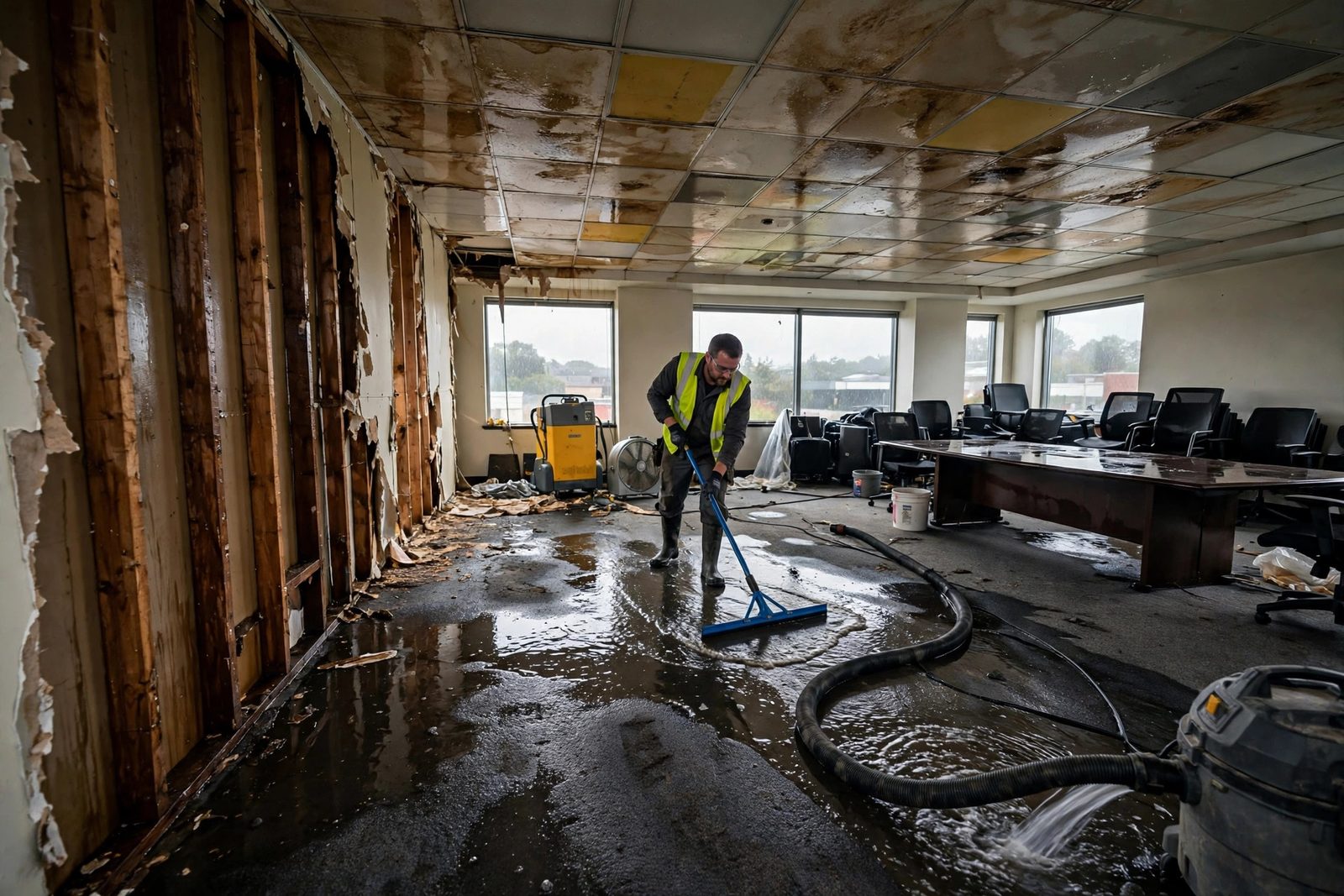 Technician pushing standing water across soaked office carpet toward an extraction hose