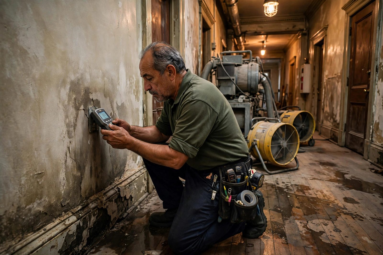 Technician checking a moisture meter on a damp wall in a historic downtown office corridor