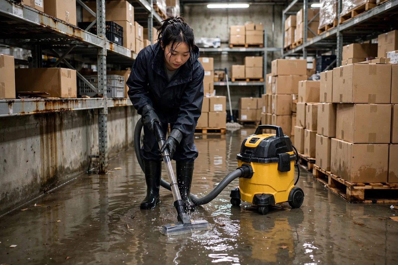 Technician vacuuming standing water in a flooded retail stockroom with a wet-dry vacuum
