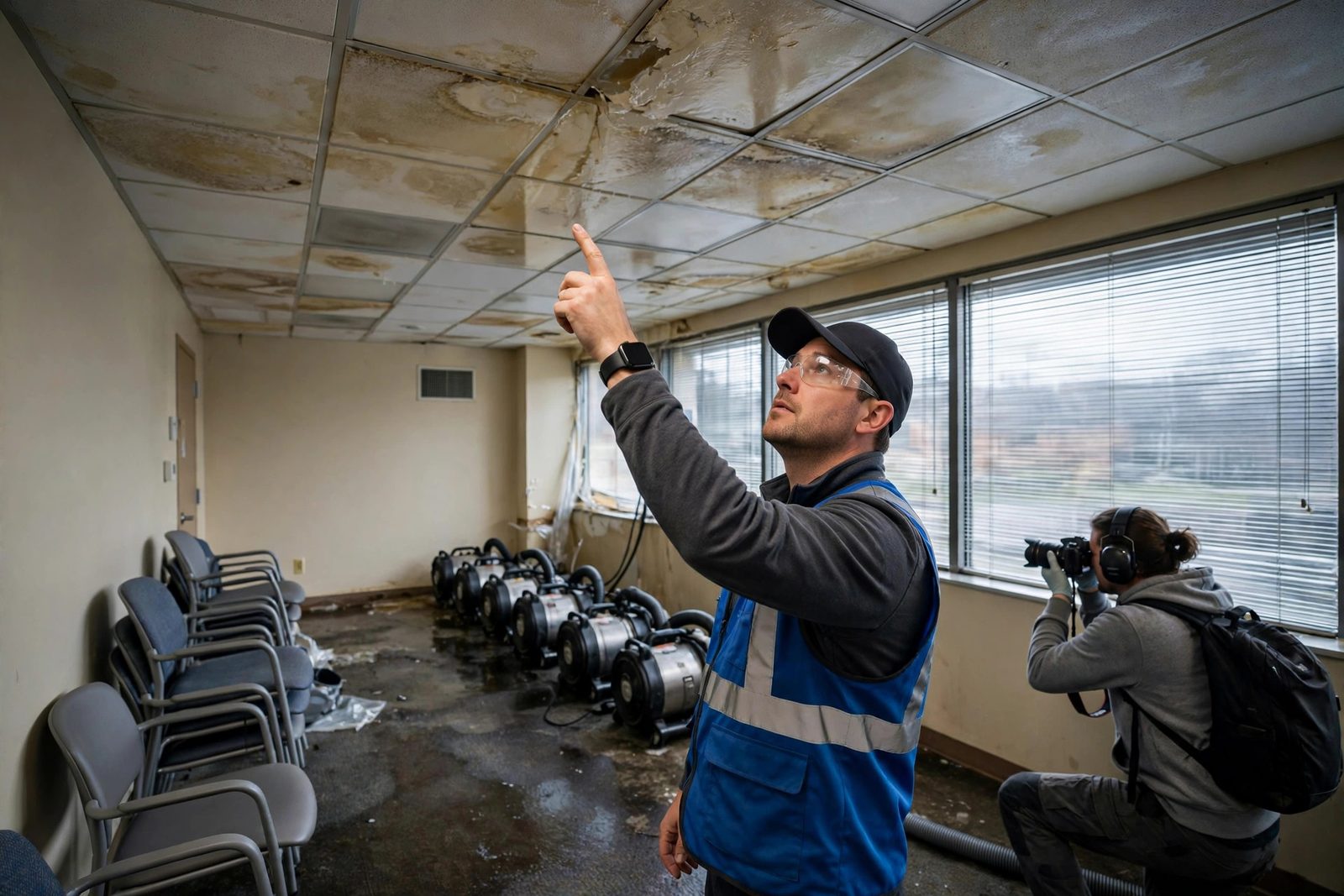 Restoration team leader assessing a water-stained ceiling in a medical office waiting room