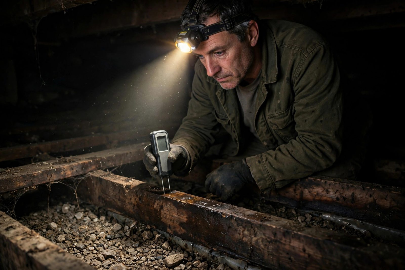Restoration worker with headlamp inspecting damp wooden joists in a tight crawlspace using a moisture meter