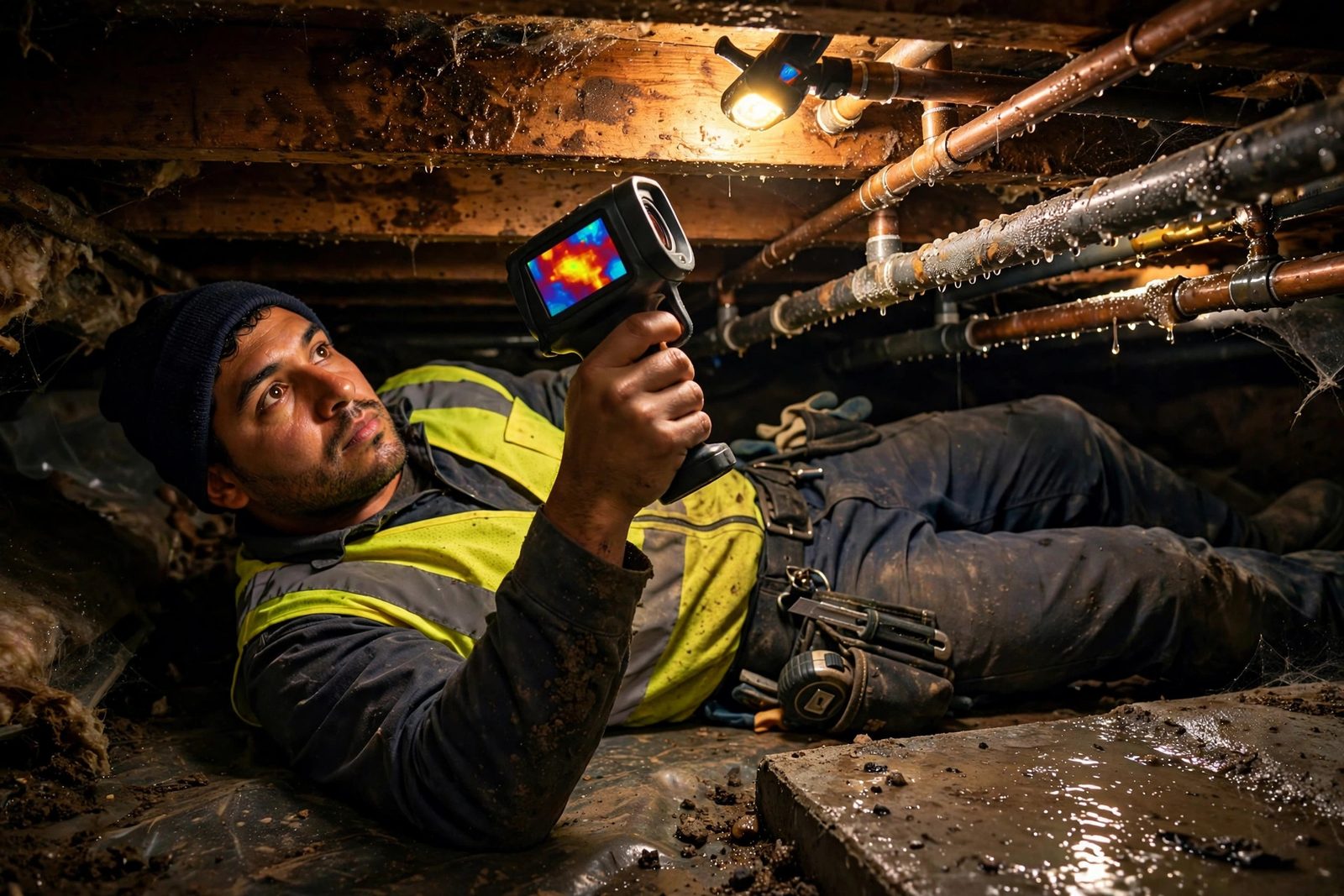 Worker in a low crawlspace scanning a damp ceiling joist with a thermal imaging camera
