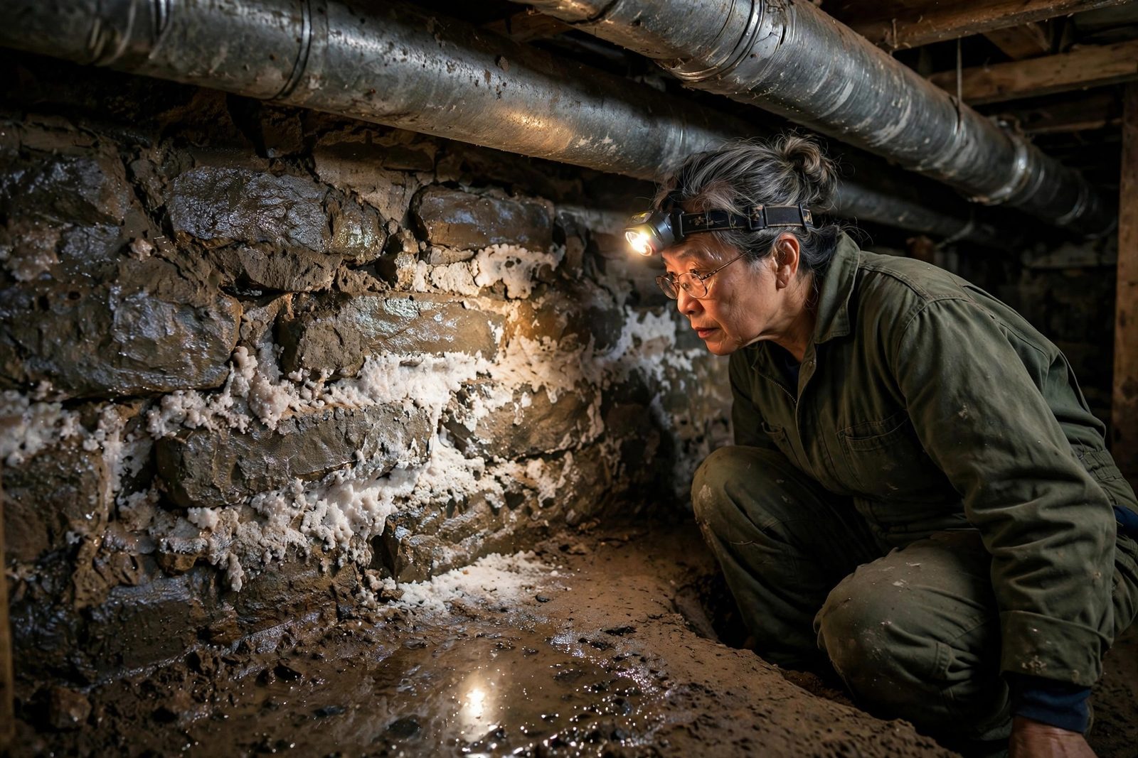 Restoration specialist with headlamp examining a damp stone foundation wall in a crawlspace