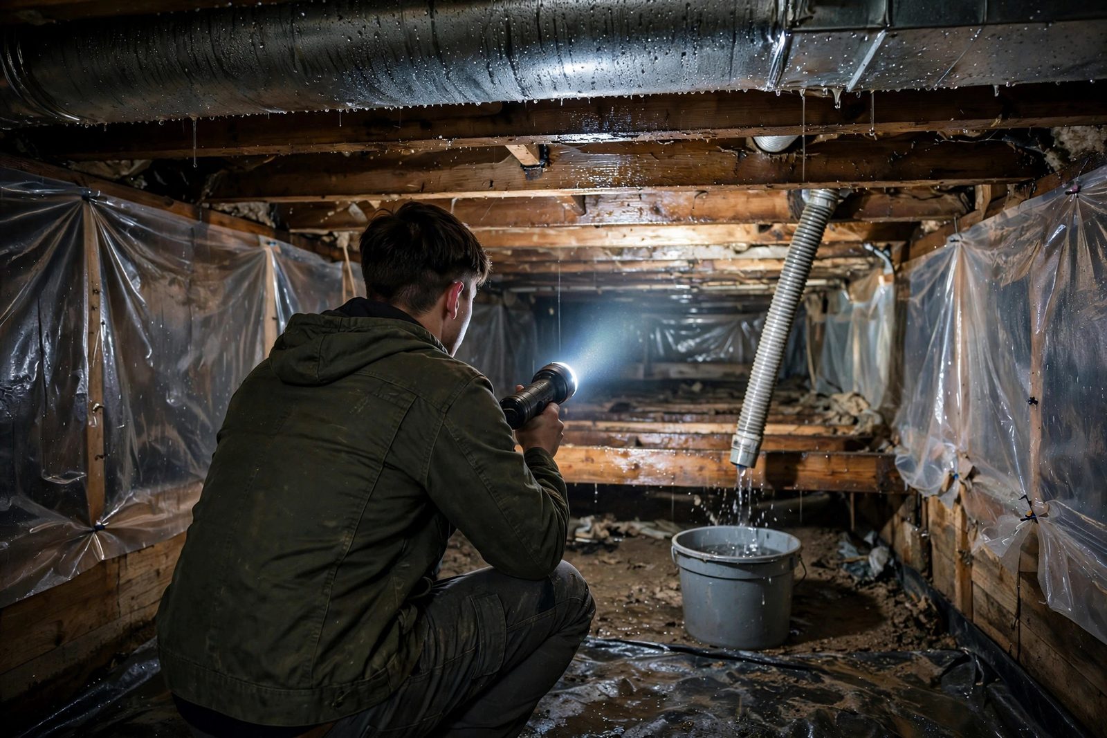 Worker shining a flashlight across wet joists while a dehumidifier hose drains into a bucket