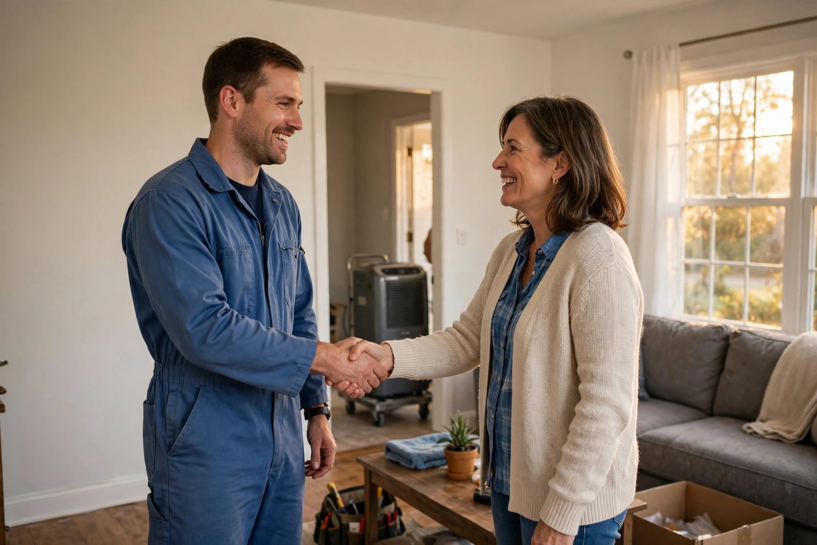 Smiling restoration technician shaking hands with a happy homeowner in a freshly repaired living room