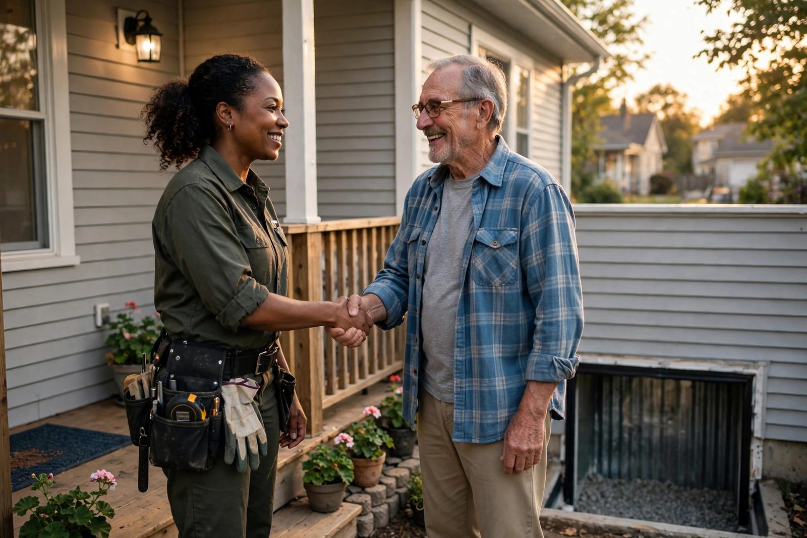 Smiling technician shaking hands with a homeowner on the porch of his repaired home at golden hour