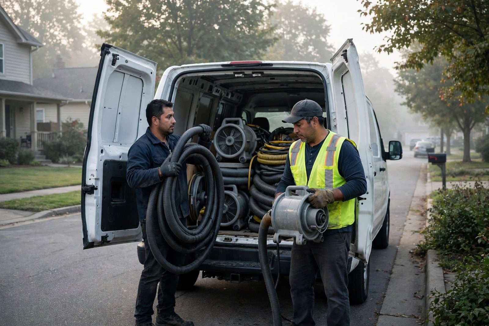 Two crew members loading drying equipment into a plain white work van on a quiet residential street