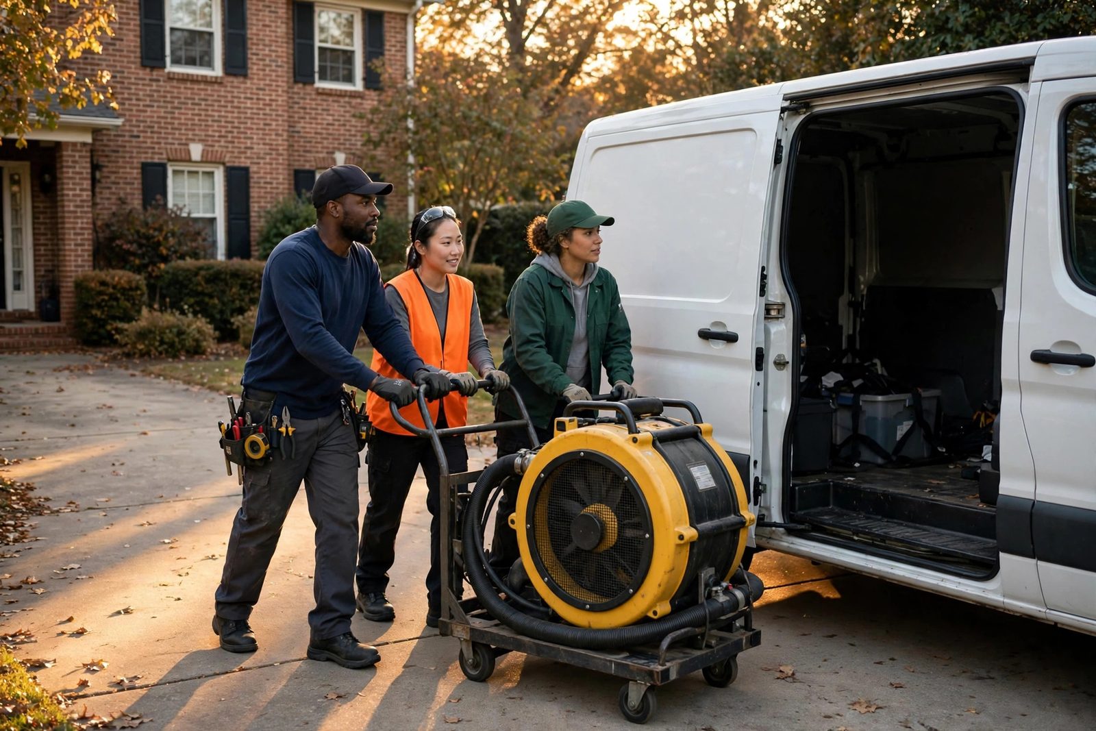Three crew members wheeling an air mover toward a plain white work van in a driveway