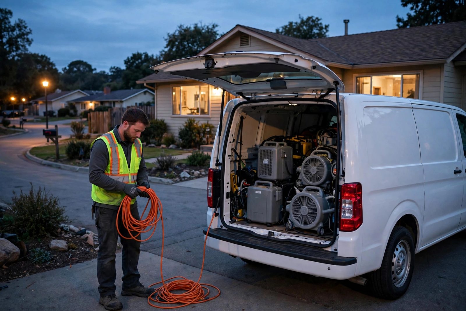 Restoration worker coiling a cord beside a plain white work van parked at a ranch home at dusk