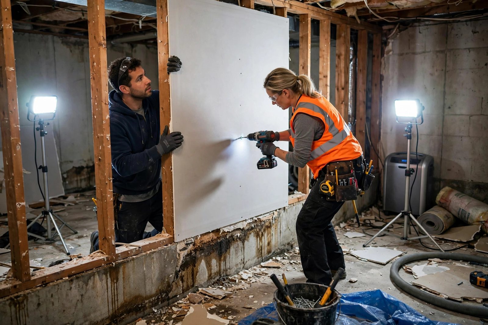 Two restoration workers installing a new drywall sheet on a basement wall after water damage removal