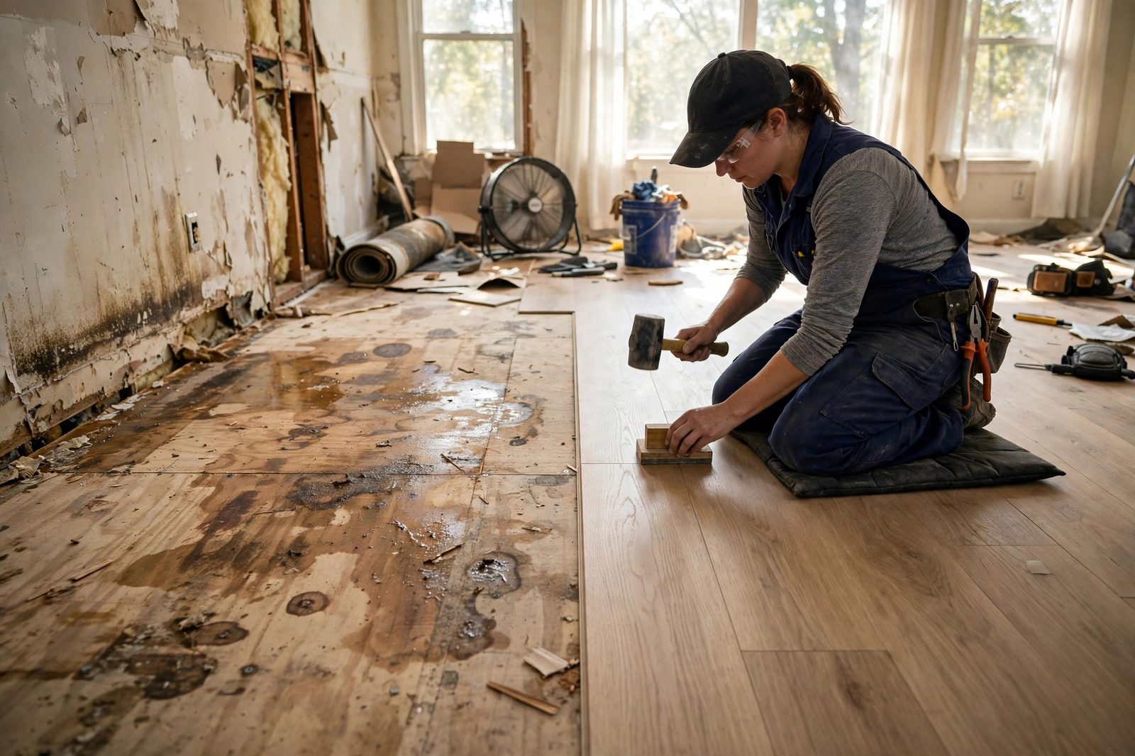 Female worker laying new luxury vinyl plank flooring in a flood-damaged living room