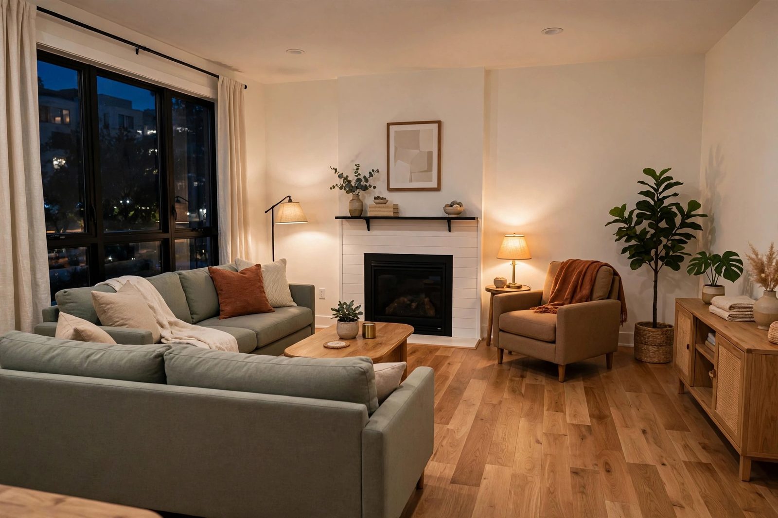 Finished restored living room after water damage with new hardwood floors, fresh walls, and furniture back in place