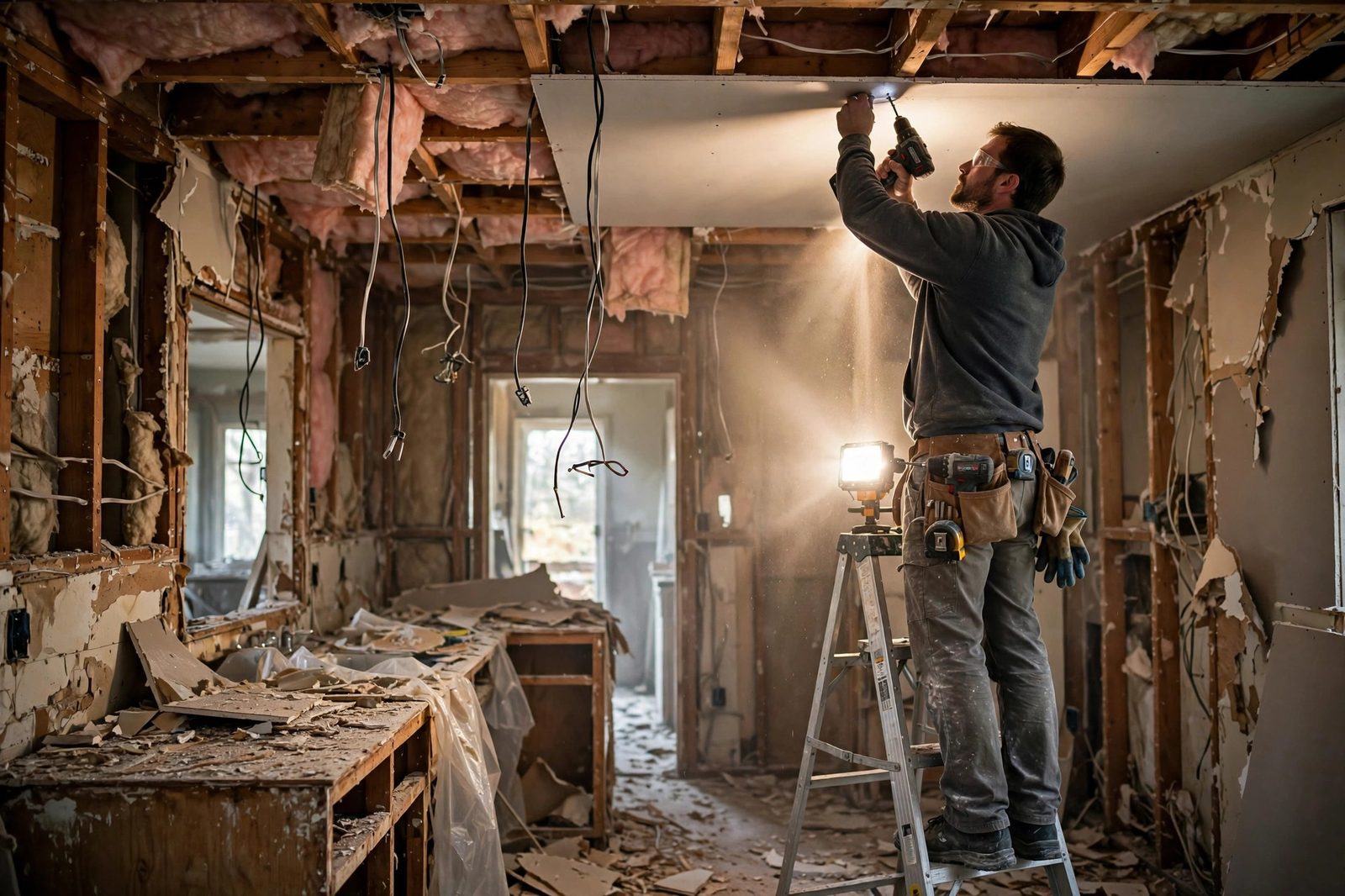 Worker on a stepladder screwing a new ceiling drywall panel into joists in a torn-out kitchen