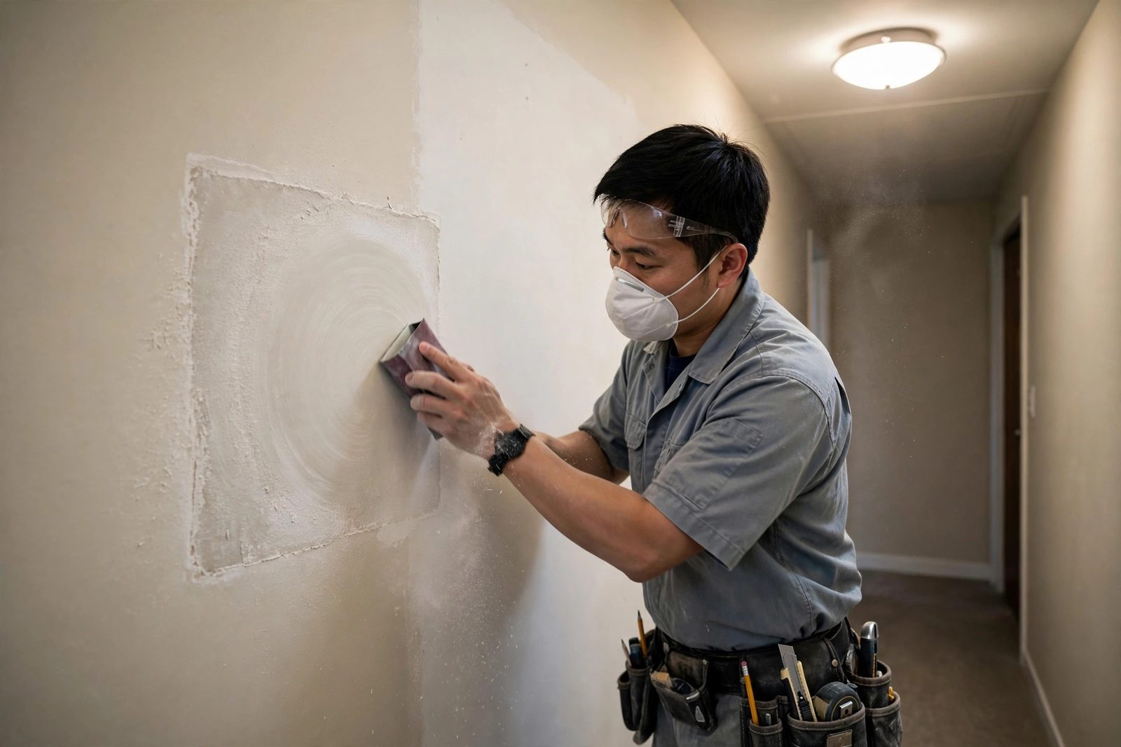 Asian restoration technician in a dust mask sanding a repaired drywall patch on a hallway wall