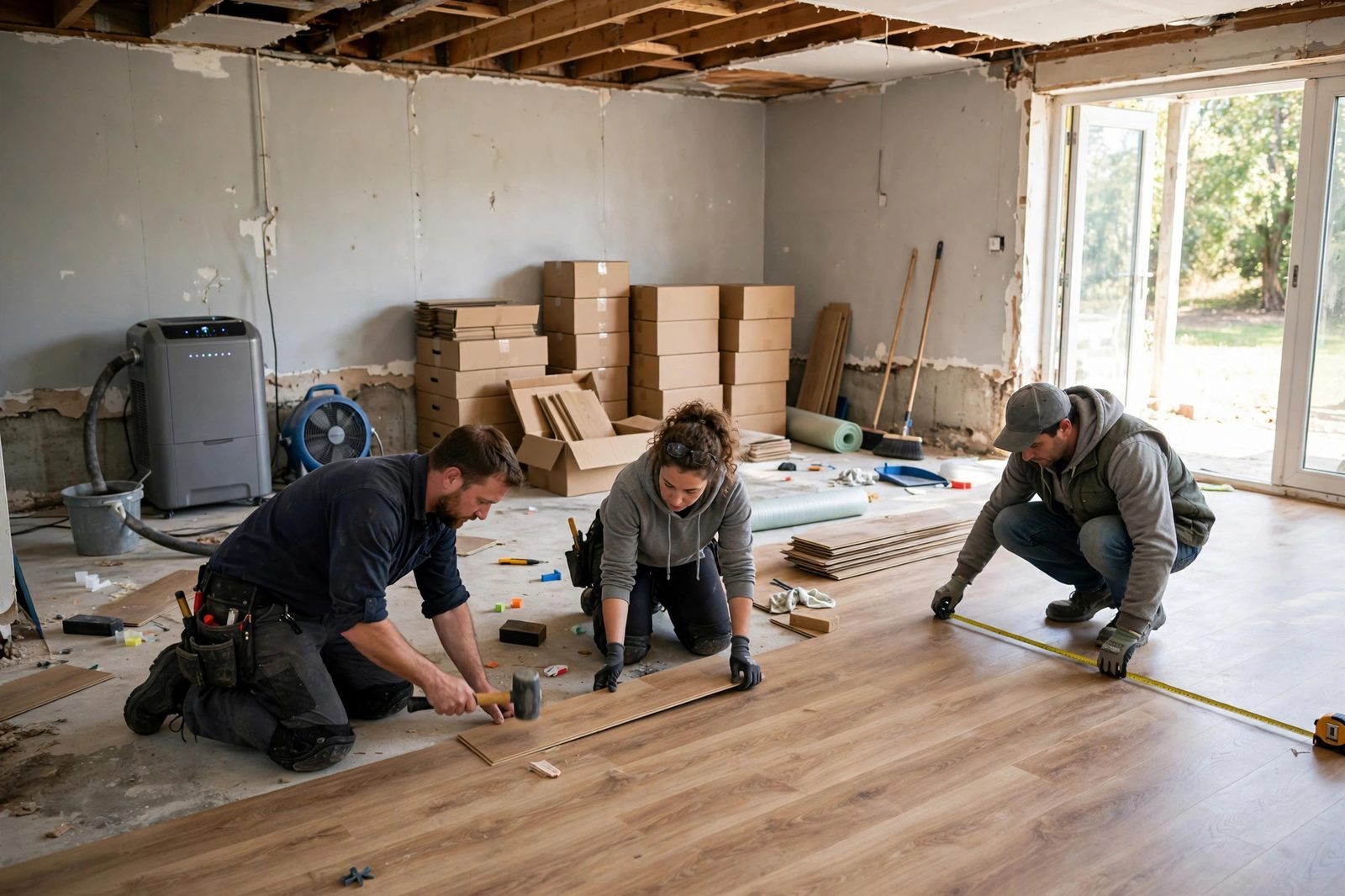 Crew of three workers installing laminate flooring planks in a large open basement rec room with a dehumidifier running