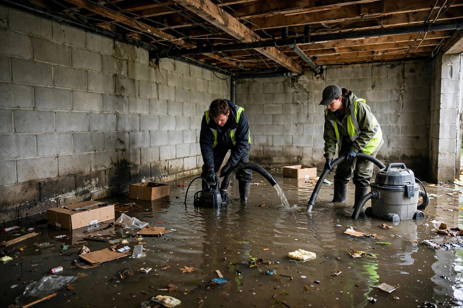Workers operating a submersible pump and wet vacuum in a flooded basement with standing water