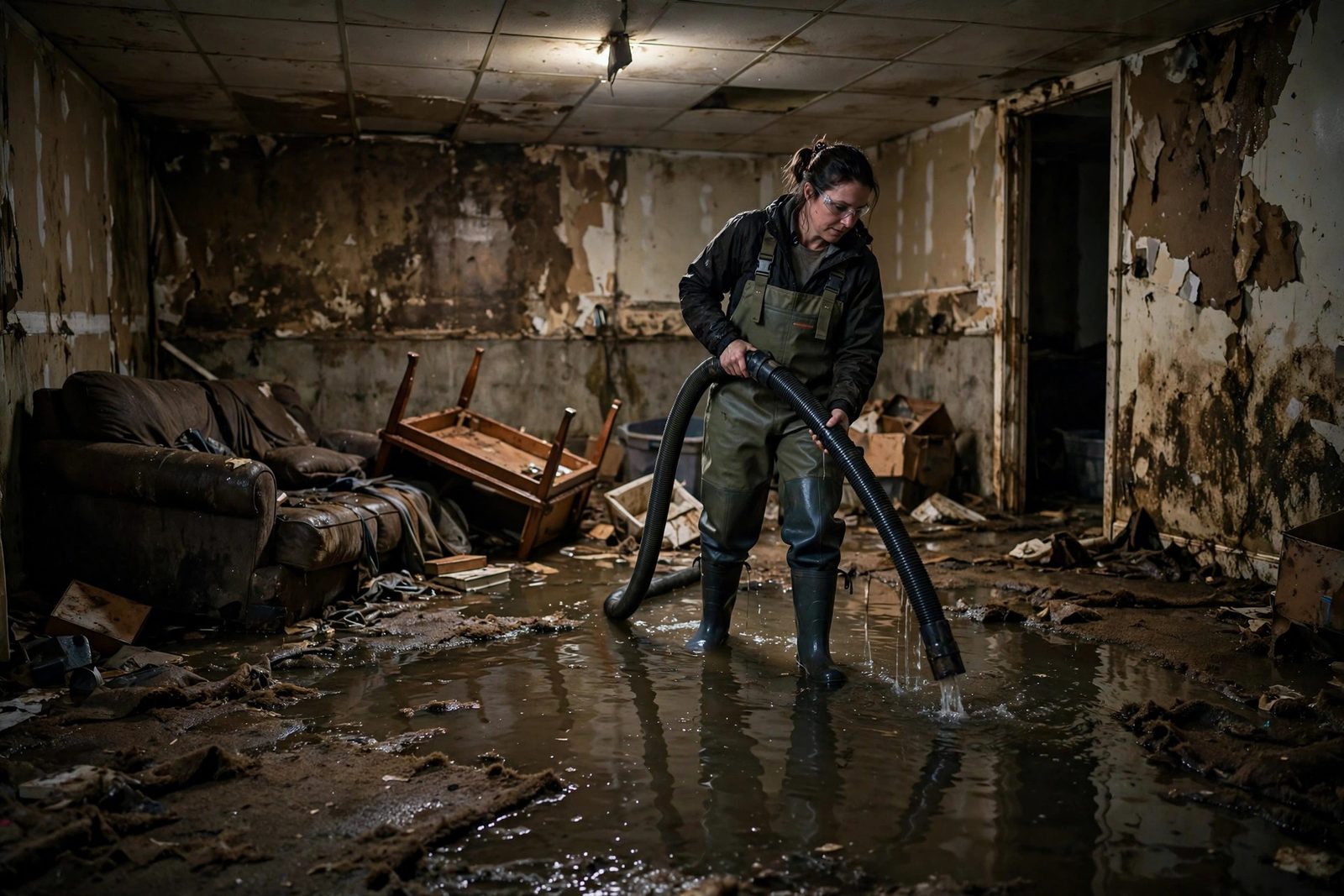Female worker in waders using a wet vacuum in a flooded finished basement with ruined carpet