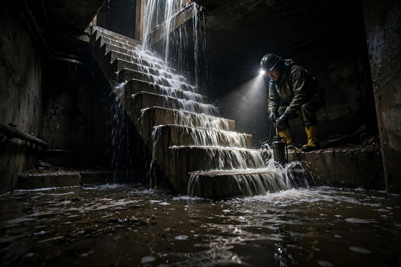 Worker lowering a submersible pump into water at the bottom of a flooded basement staircase