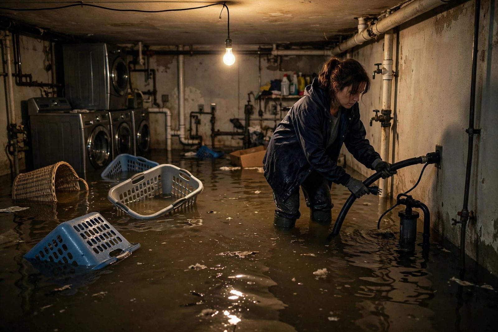 Female worker handling a sump pump hose in a knee-deep flooded basement laundry