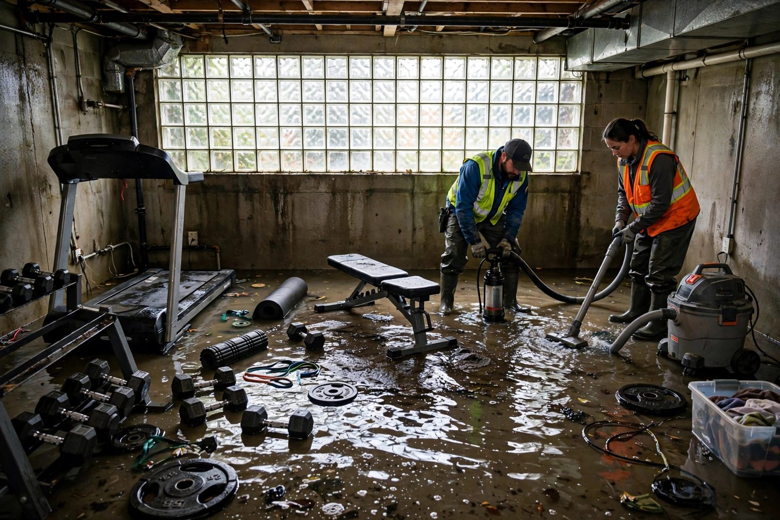 Workers pumping out a flooded basement home gym with waterlogged exercise equipment