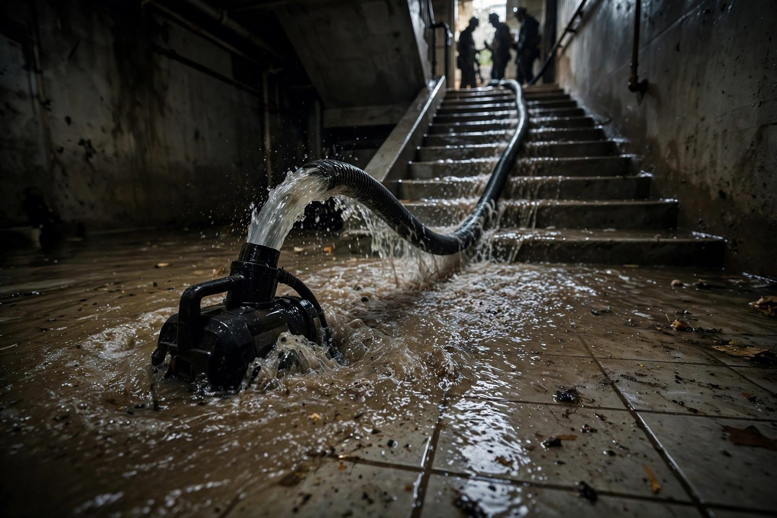 Close-up of murky floodwater and a pump hose discharging up a basement staircase