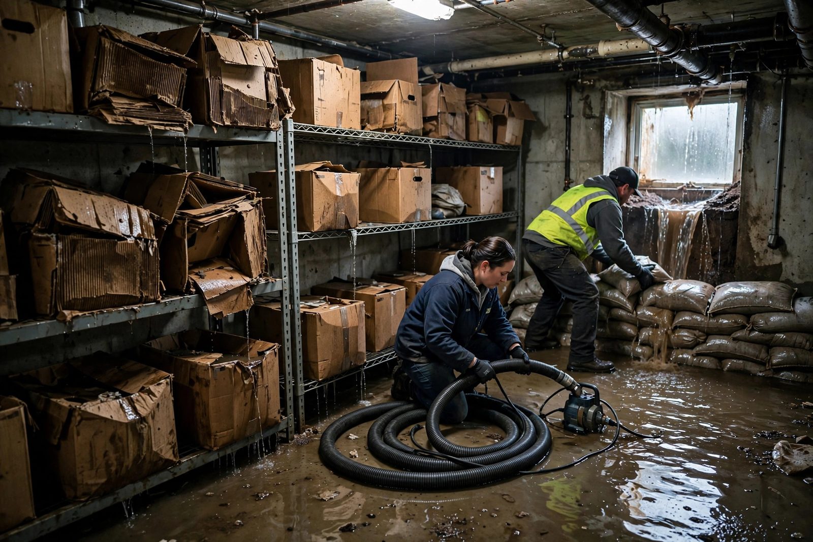 Workers sandbagging an egress window and coiling a pump hose in a flooded basement storage room