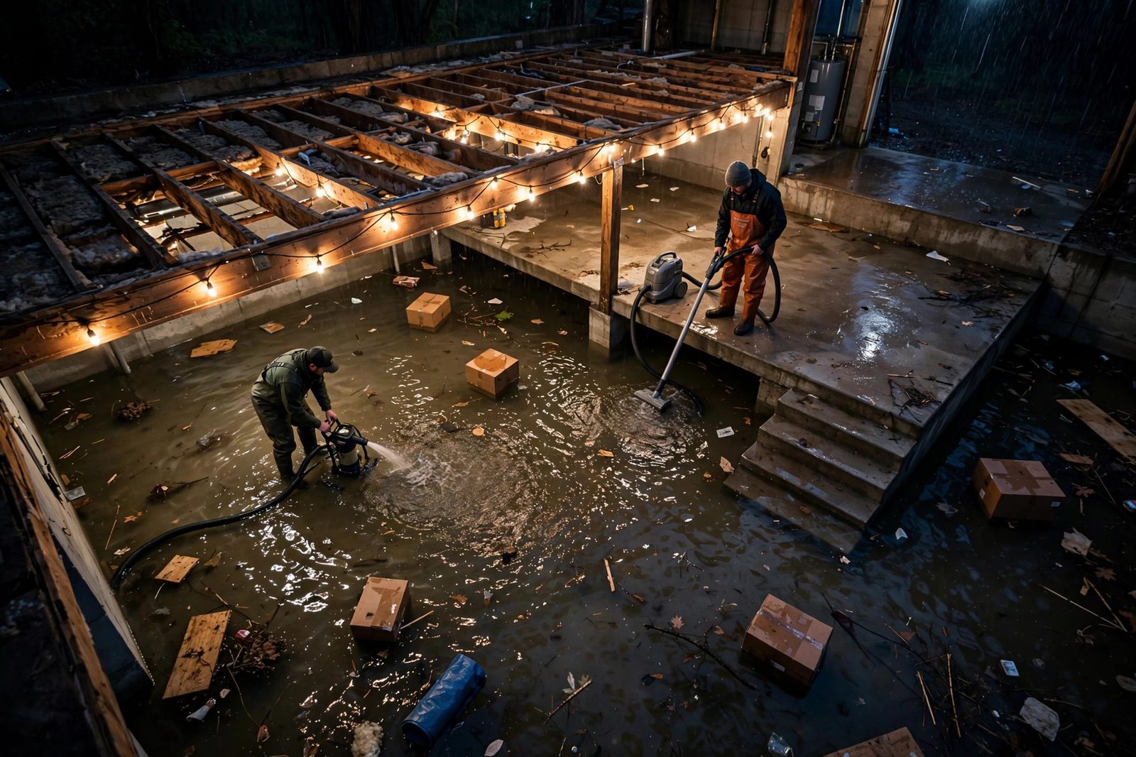 Two restoration workers in waders operating a submersible pump and wet vacuum in a flooded split-level home basement at night