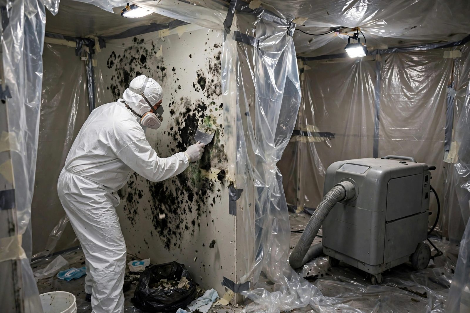 Specialist in a white protective suit scraping mold off drywall inside plastic containment sheeting