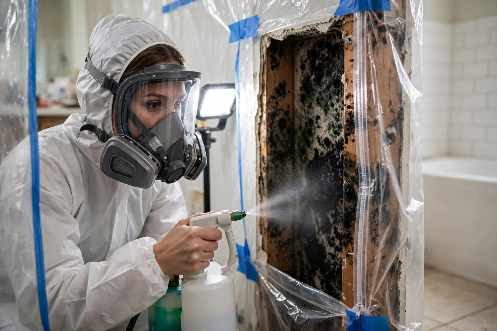 Female remediation technician spraying antimicrobial treatment on mold inside a bathroom wall cavity