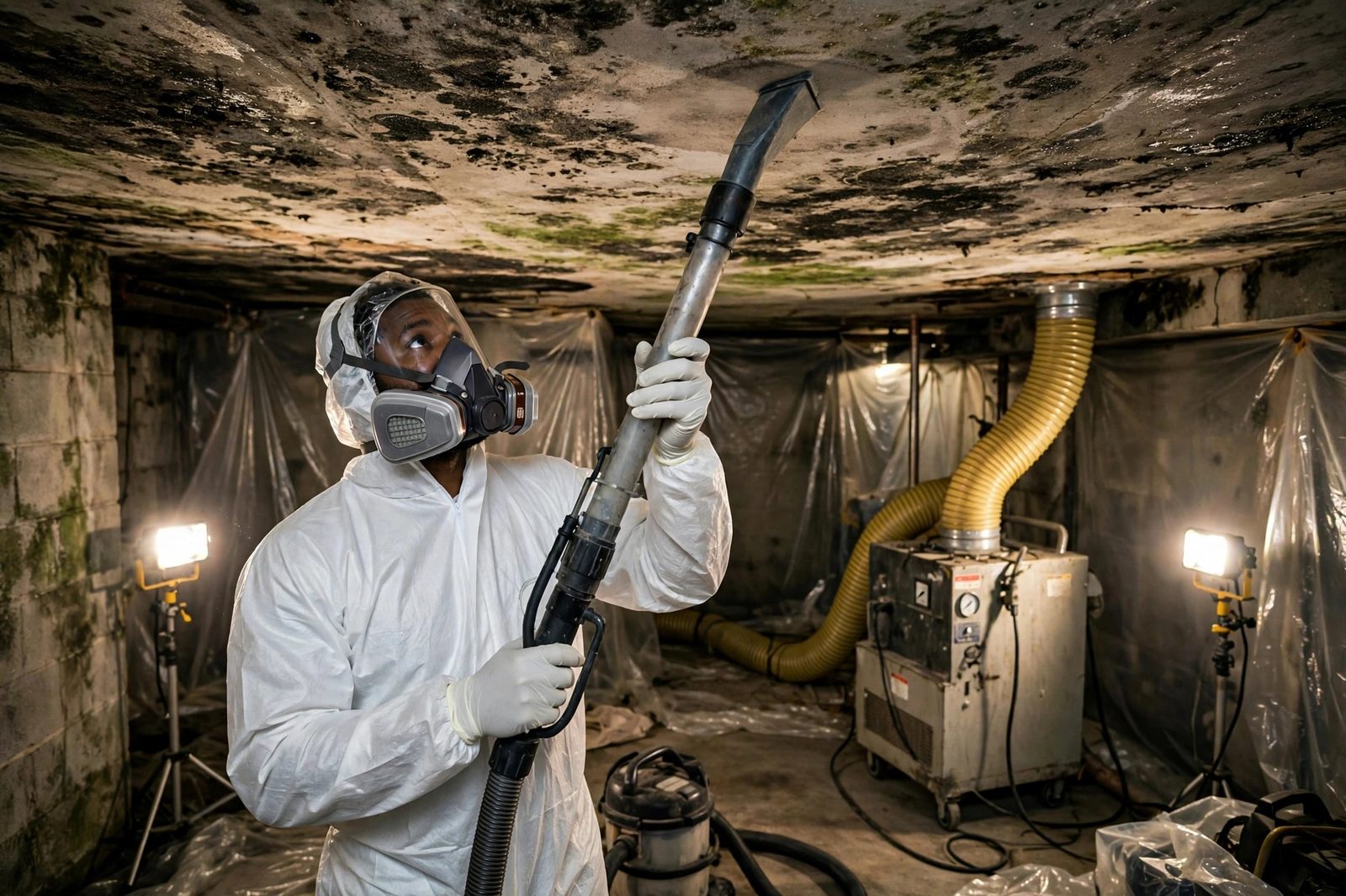 Specialist in a white protective suit using a HEPA vacuum on a mold-stained basement ceiling