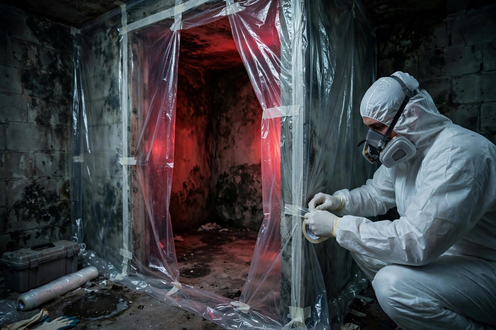 Technician sealing a mold-contaminated room with polyethylene containment sheeting and tape