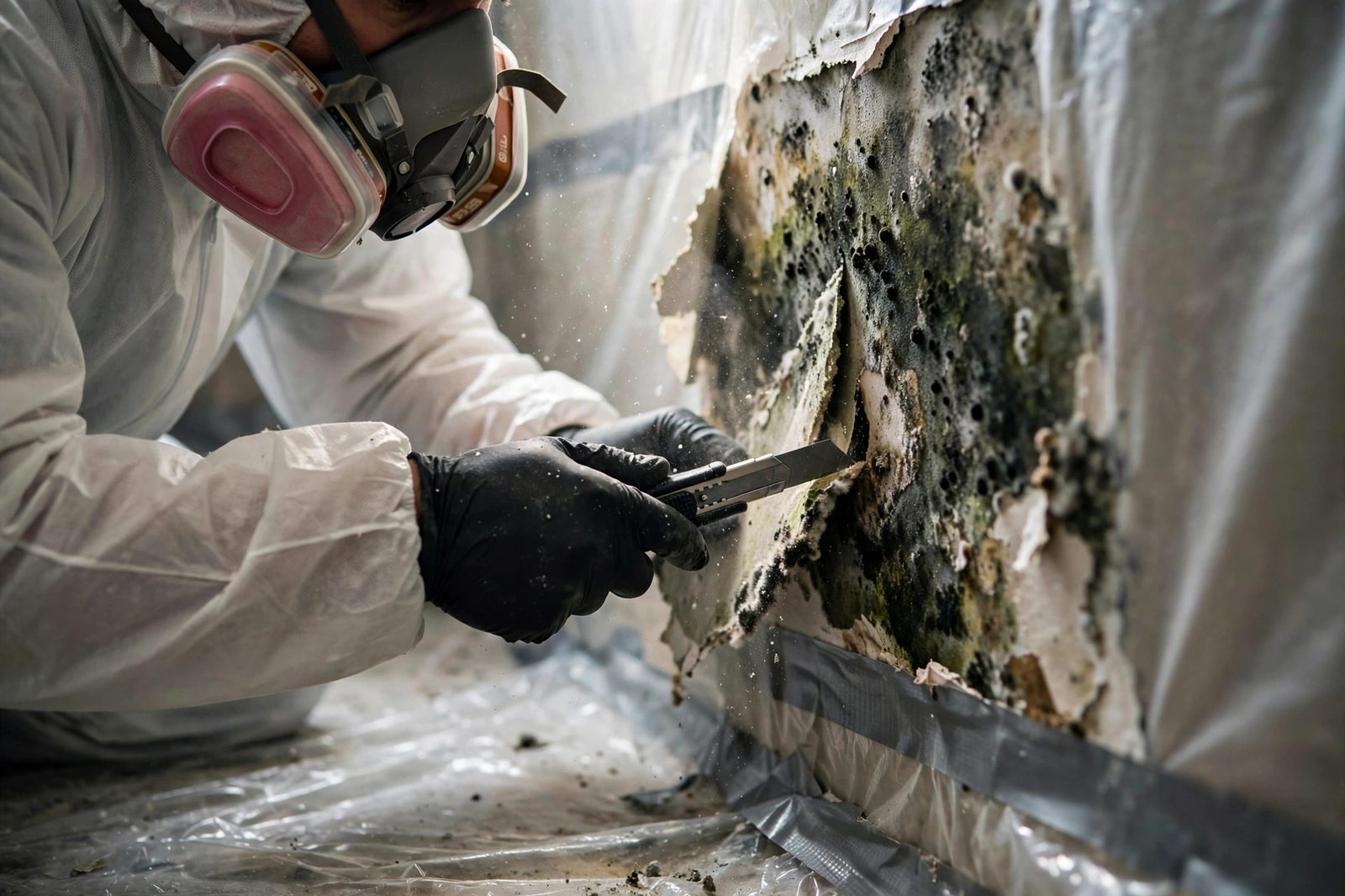 Remediation worker cutting away a moldy section of drywall inside containment plastic