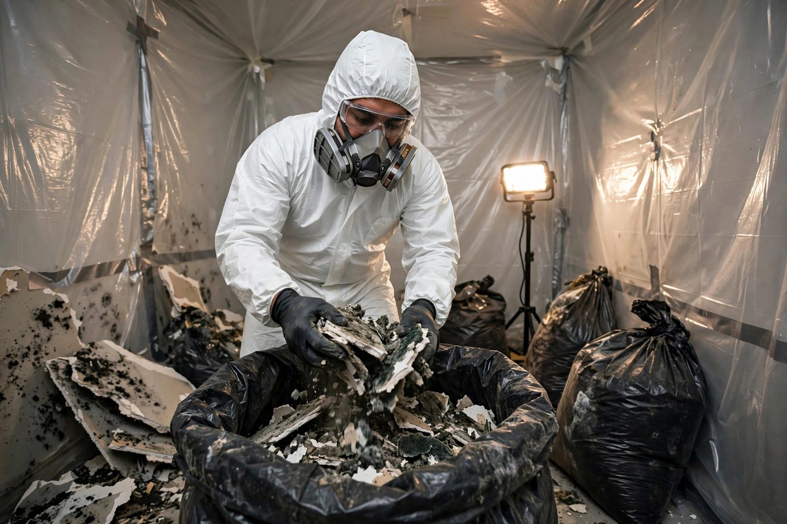 Remediation technician bagging mold-contaminated drywall debris inside a sealed room