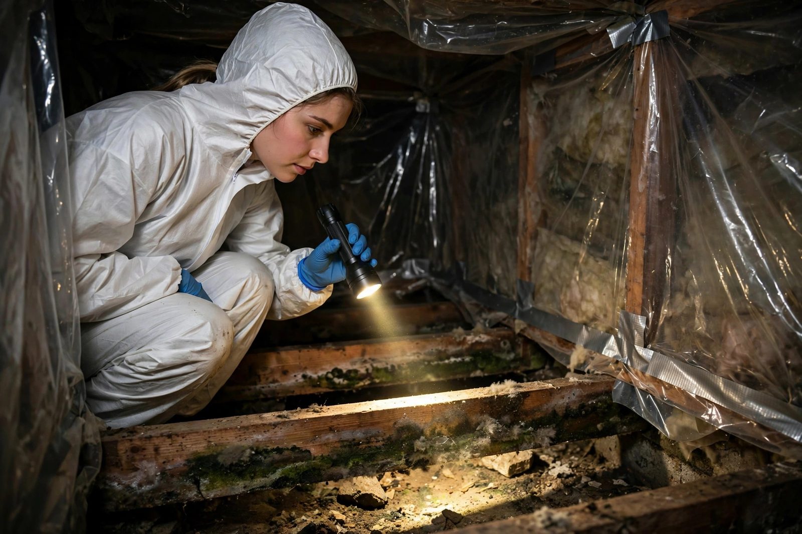Specialist inspecting a crawlspace with mold on floor joists and containment plastic