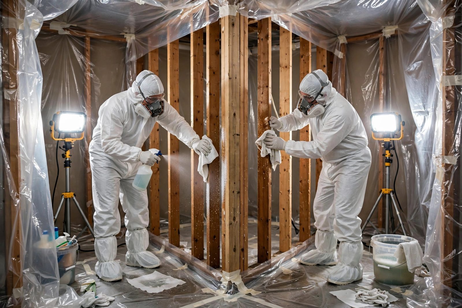Two remediation workers wiping down exposed wall studs with antimicrobial solution