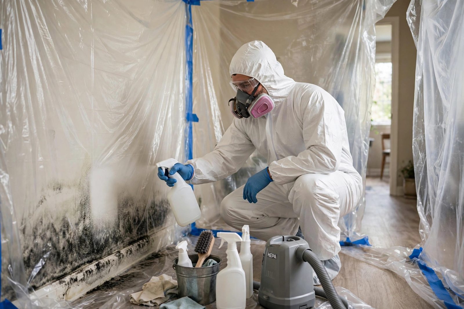 Specialist performing mold remediation with containment