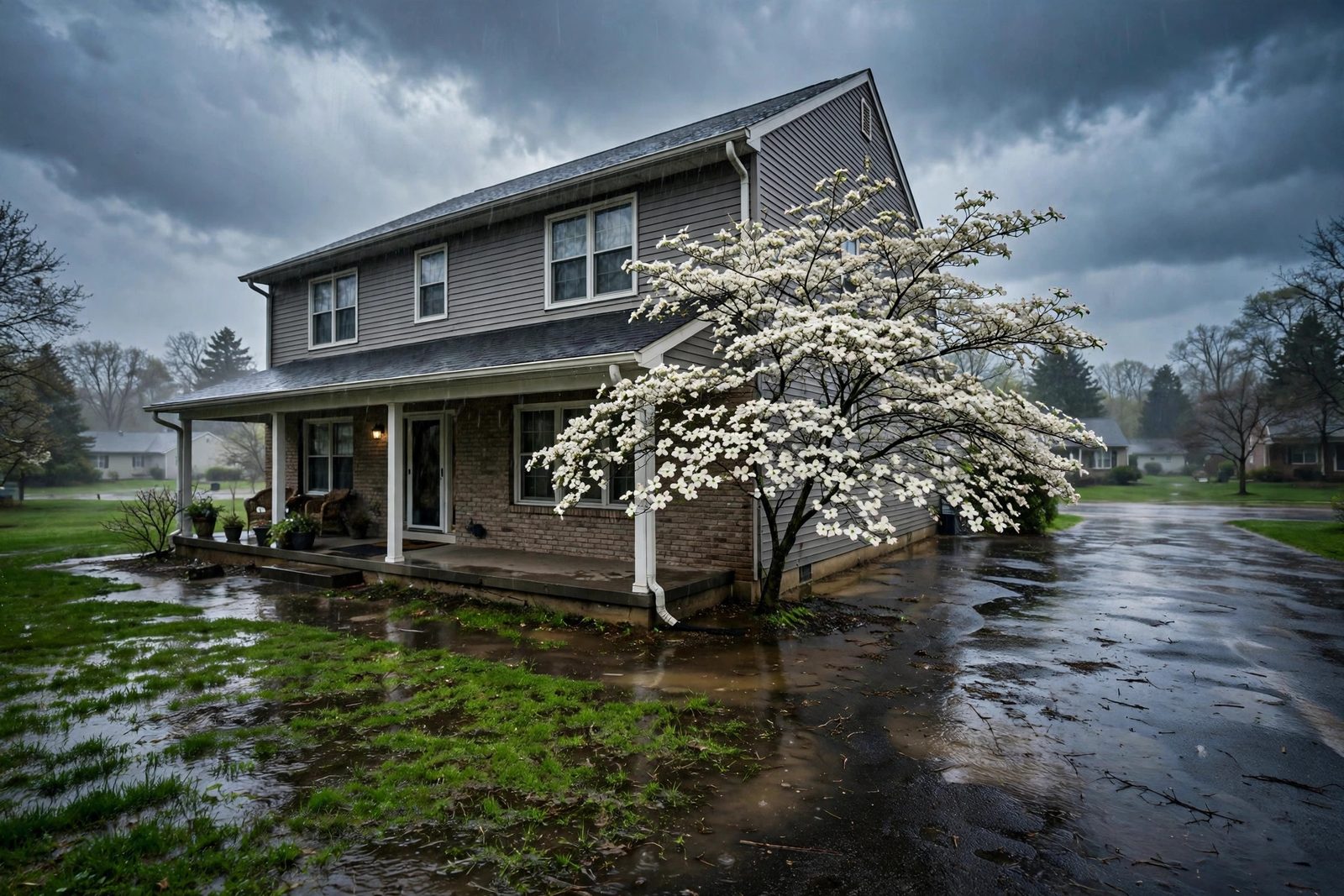 Suburban home during a spring rainstorm with a wet driveway and water pooling near the foundation
