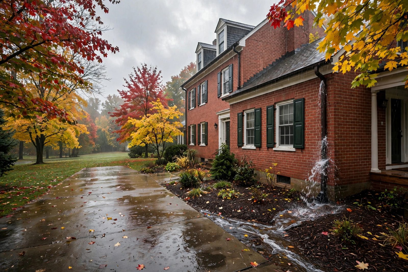 Red brick colonial house in light rain on an autumn morning with fall foliage and a wet driveway