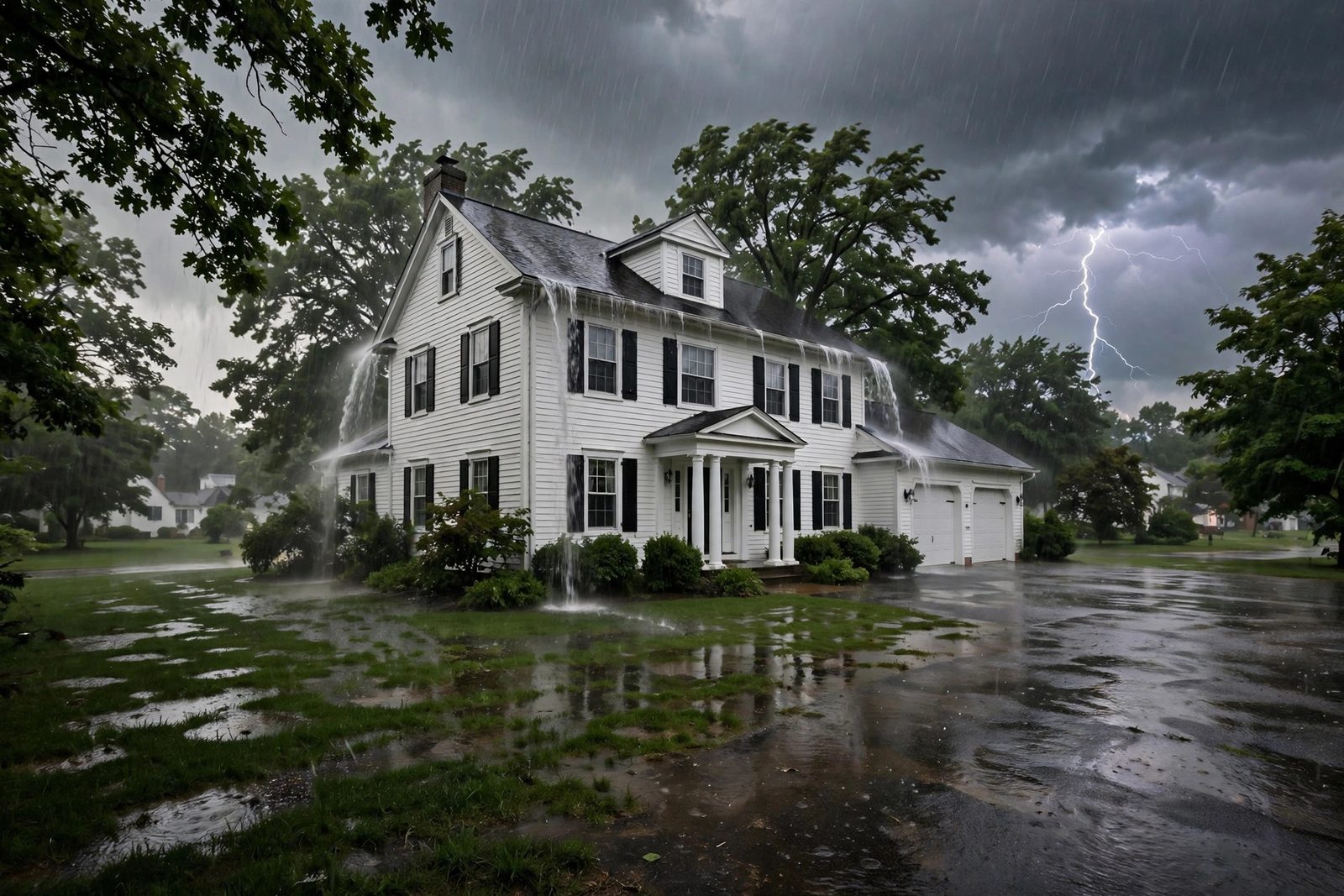 White colonial-style home in a heavy summer thunderstorm with rain pouring from gutters