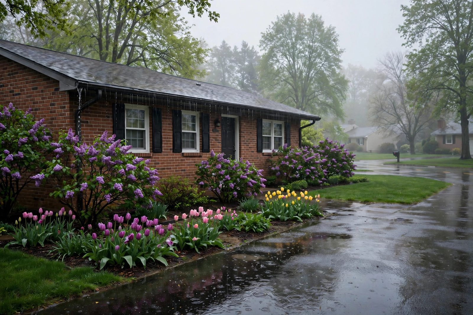 Brick ranch house in gentle spring rain with blooming tulips and a wet asphalt driveway